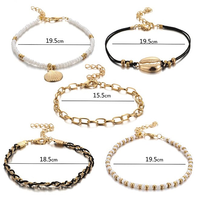 5-teiliges Fußkettchen Set schwarz, gold weiß Muschel