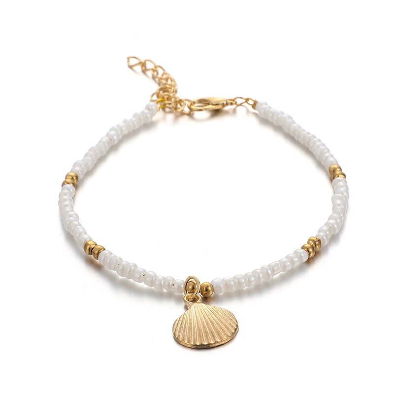 5-teiliges Fußkettchen Set schwarz, gold weiß Muschel