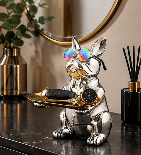 Bulldogge Schlüsselablage in Silber mit goldenem Tablett für Schlüssel und Schmuck