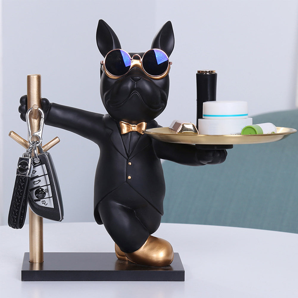 Bulldogenstatue Butler stehend Tablett schwarz gold