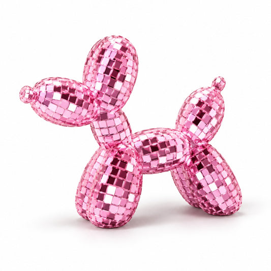 Disco Ballonhund Dekofigur – Spiegelmosaik in Silber & Pink