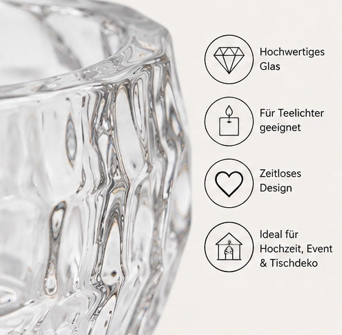 Detailansicht der strukturierten Oberfläche des transparenten Glas Teelichthalters