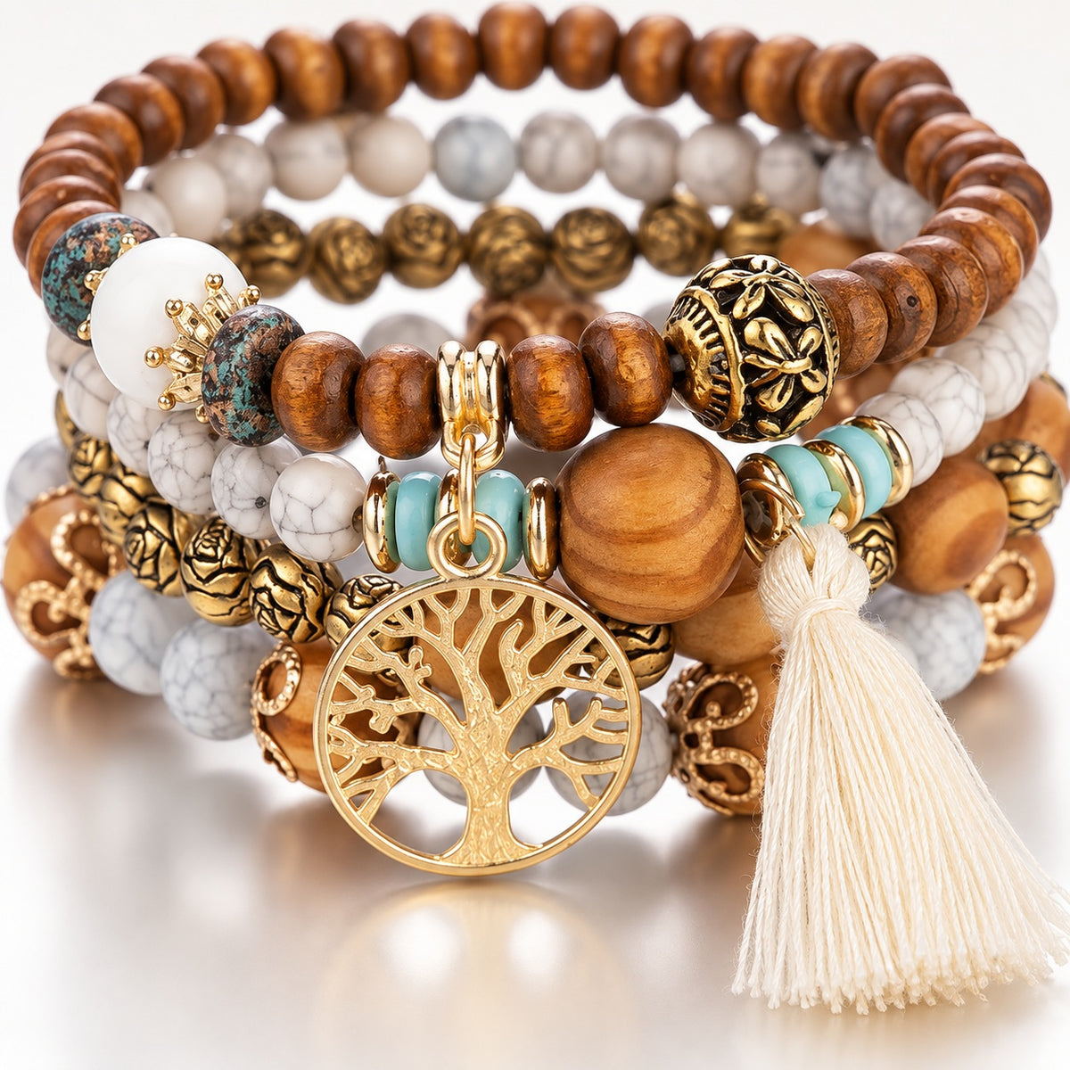 4-teiliges Armband Set mit Lebensbaum – Braun, Weiß & Gold Damen