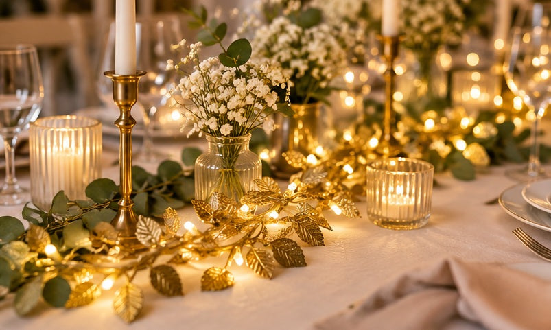 Goldene LED Blättergirlande als Tischdeko für Hochzeit
