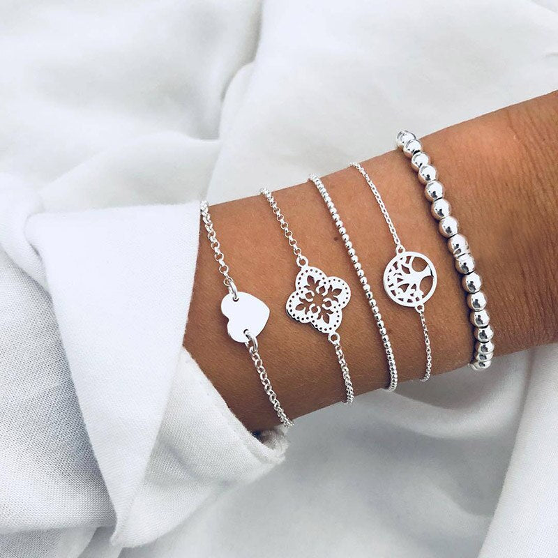 5-teiliges Armband Set für Damen mit Marmoroptik Weltkugel Herz und weißen Perlen