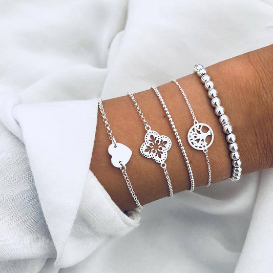 5-teiliges Armband Set für Damen mit Marmoroptik Weltkugel Herz und weißen Perlen