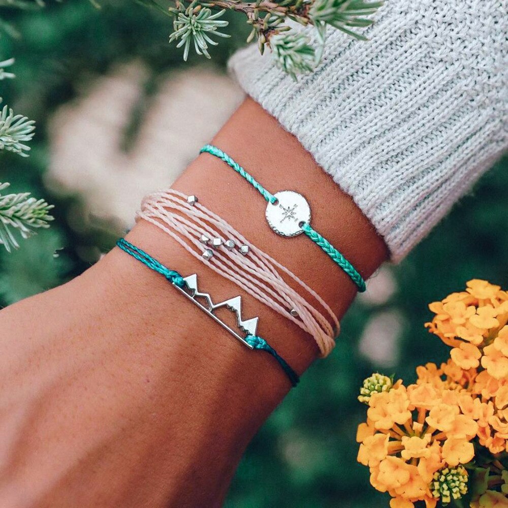 3-teiliges Armband Set für Damen mit Kompass Bergmotiv grünem Stoffband und weißem Strass Armband