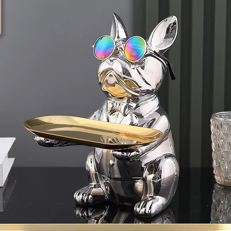 Bulldoggen-Statue Silber Chrom mit Tablett und Sonnenbrille – Dein stylisches Highlight für Zuhause