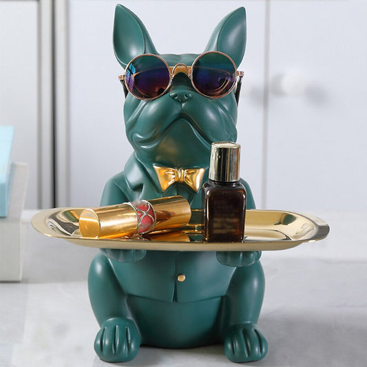 Bulldoggen Statue "Butler" grün matt goldenes Tablett Sonnenbrille Spardose