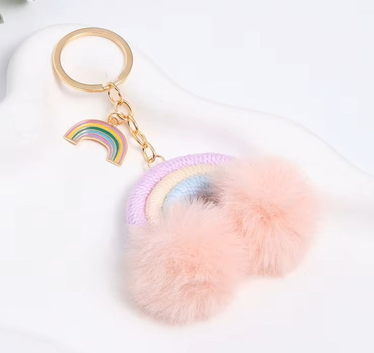 Schlüsselanhänger Regenbogen Pastell mit PomPoms – Taschenanhänger