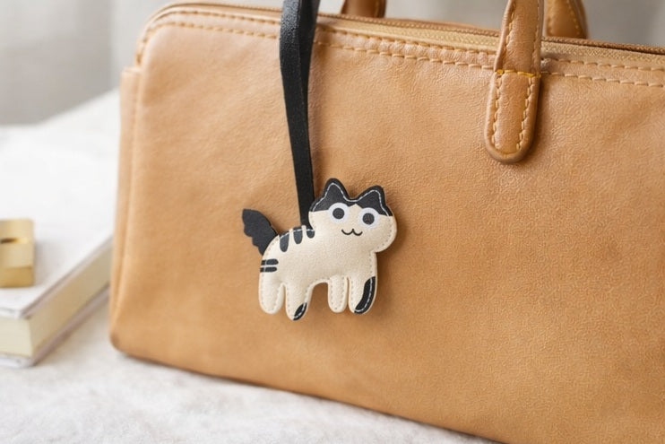 Schlüsselanhänger Katze PU Leder schwarz-weiß/beige – Taschenanhänger