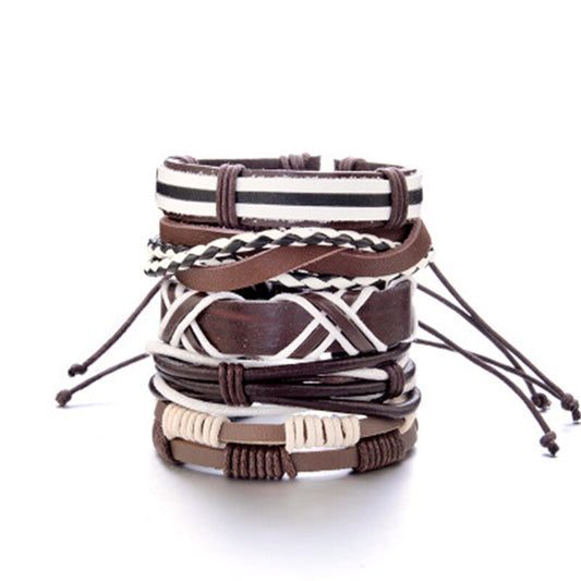 5-teiliges Armband Set für Herren in Braun und Weiß aus Kunstleder mit geflochtenen Designs