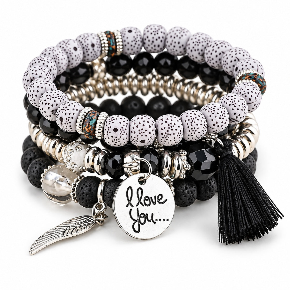 4-teiliges Damen Armbandset in Schwarz, Weiß und Silber mit I Love You Anhänger