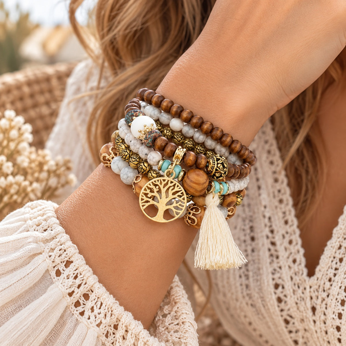 4-teiliges Armband Set mit Lebensbaum – Braun, Weiß & Gold Damen
