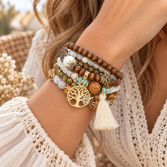 4-teiliges Armband Set mit Lebensbaum – Braun, Weiß & Gold Damen