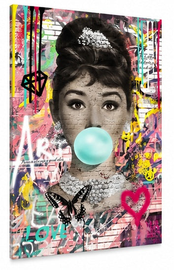 Audrey Hepburn Leinwandbild Pop Art mit Kaugummi und Graffiti