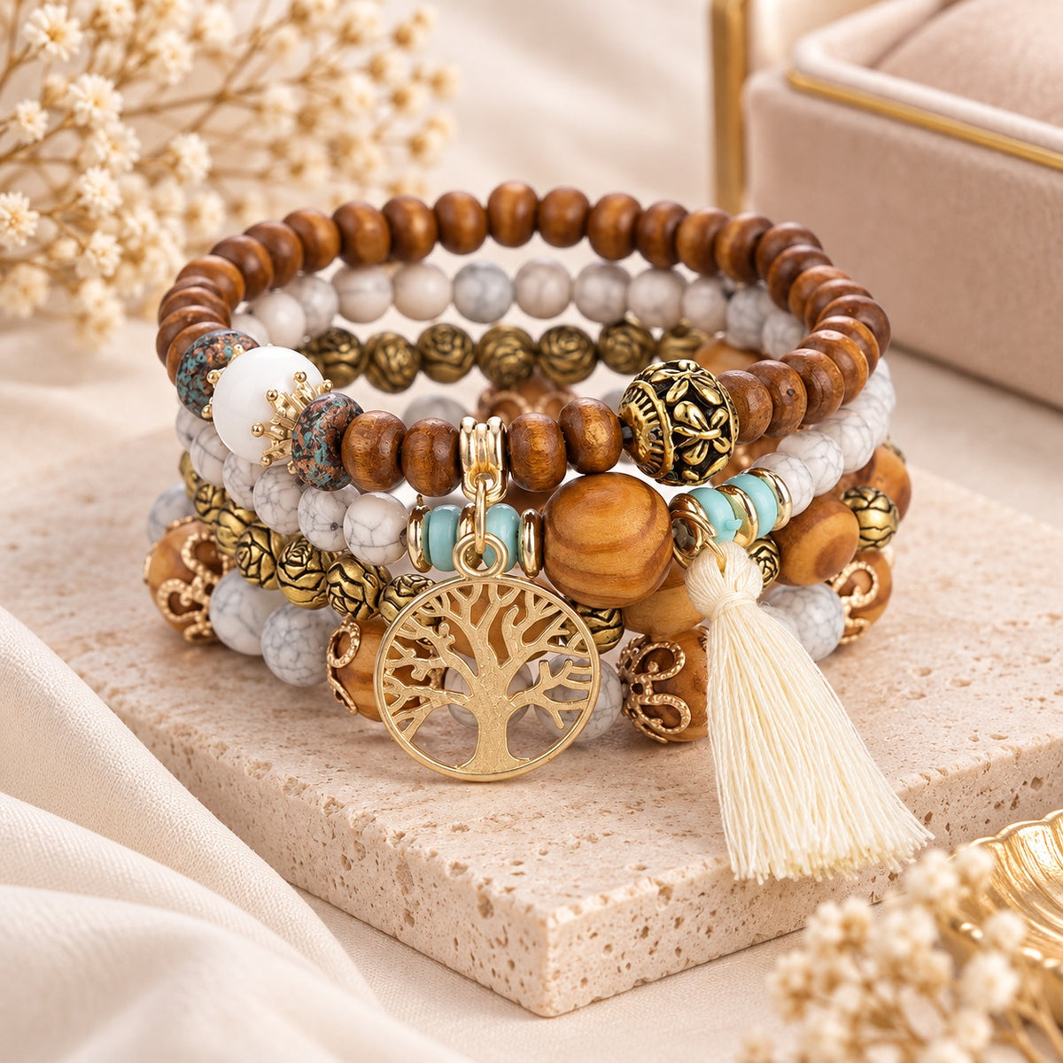 4-teiliges Armband Set mit Lebensbaum – Braun, Weiß & Gold Damen