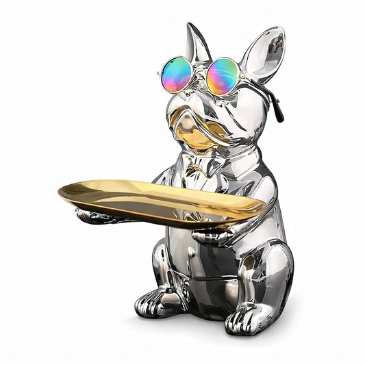 Bulldogge Statue Silber Chrom mit Tablett und Sonnenbrille moderne Dekofigur