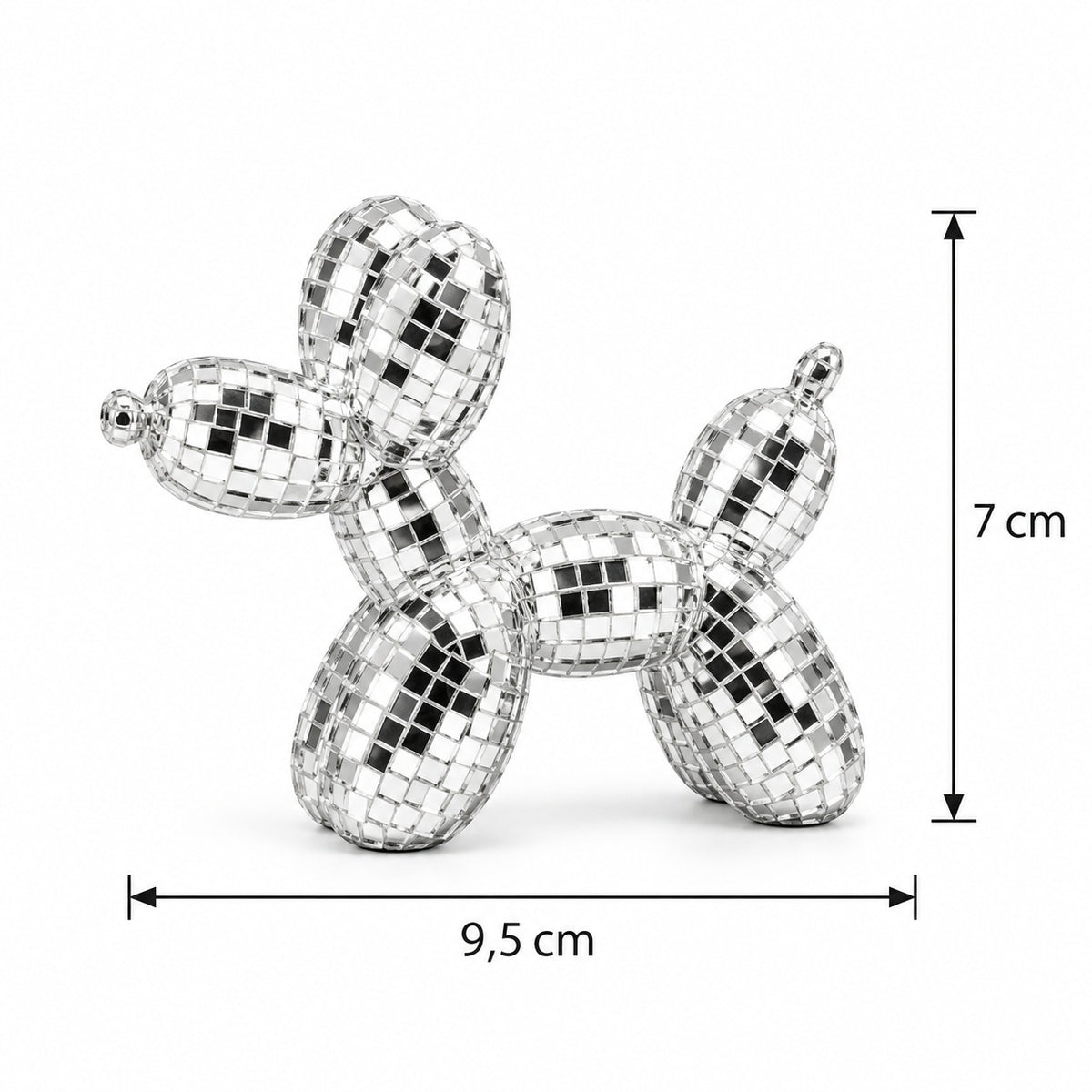 Silberner Disco Ballonhund mit Spiegelmosaik und Größenangabe 7 cm x 9,5 cm