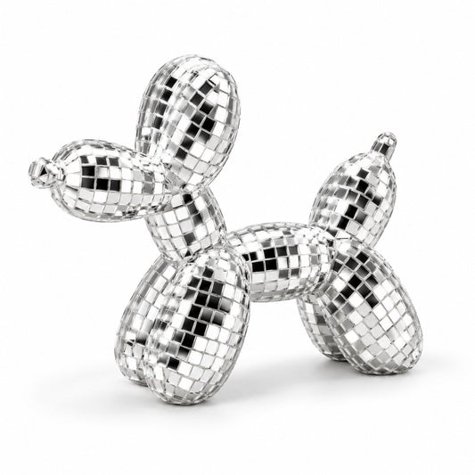 Disco Ballonhund Dekofigur – Spiegelmosaik in Silber & Pink