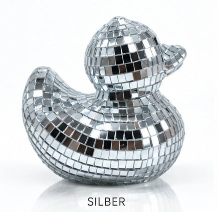 Disco Ente Dekofigur – Spiegelmosaik in Silber, Pink & Gold