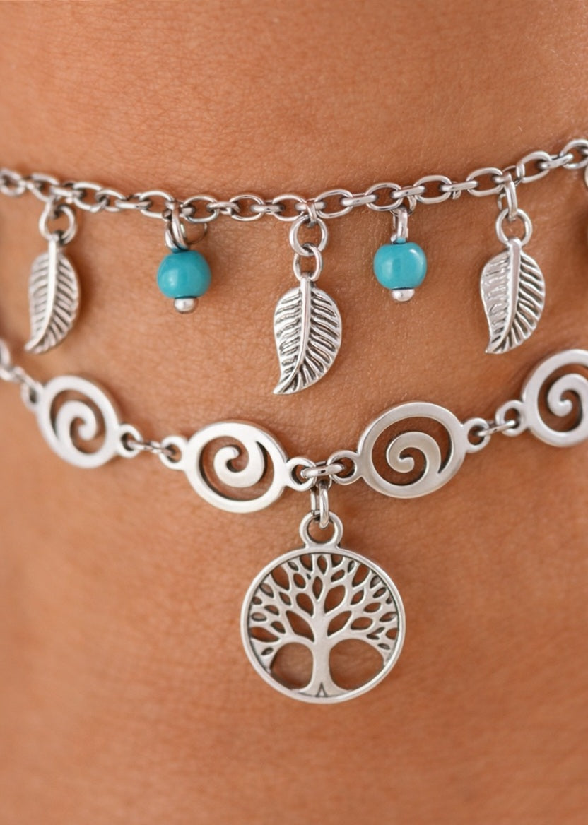 Silbernes Fußkettchen mit Lebensbaum Anhänger Damen Sommer Schmuck Detailaufnahme
