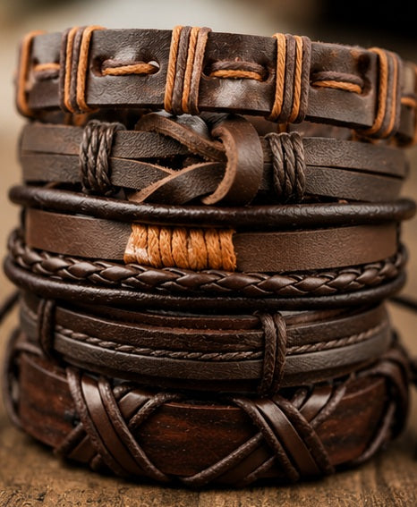 Detailansicht des braunen Herren Armband Sets mit geflochtenen Elementen