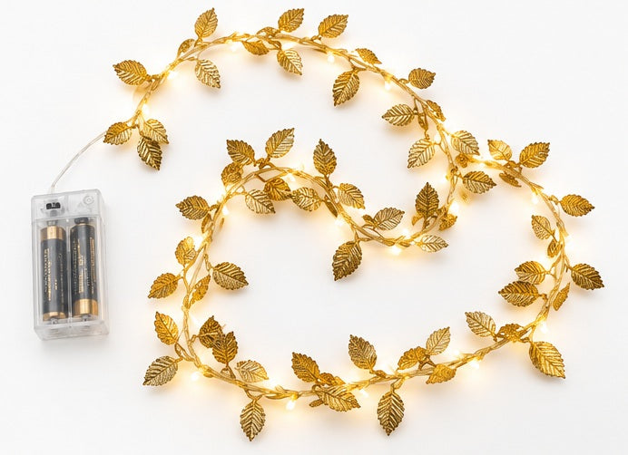Goldene LED Blättergirlande 2 m mit 20 LEDs zum Mieten