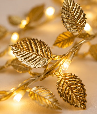 Detail goldene LED Blättergirlande für Hochzeitsdeko