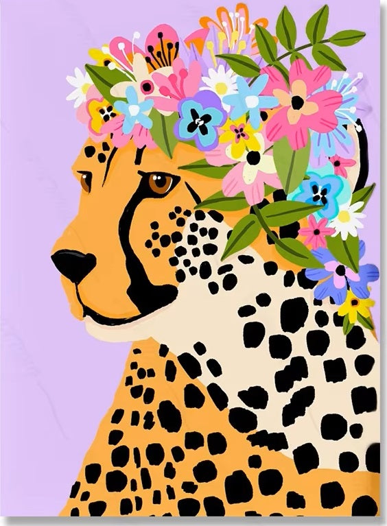 Leinwanddruck – Bunter Leopard mit Blumenkranz | Modernes Scandi-Design