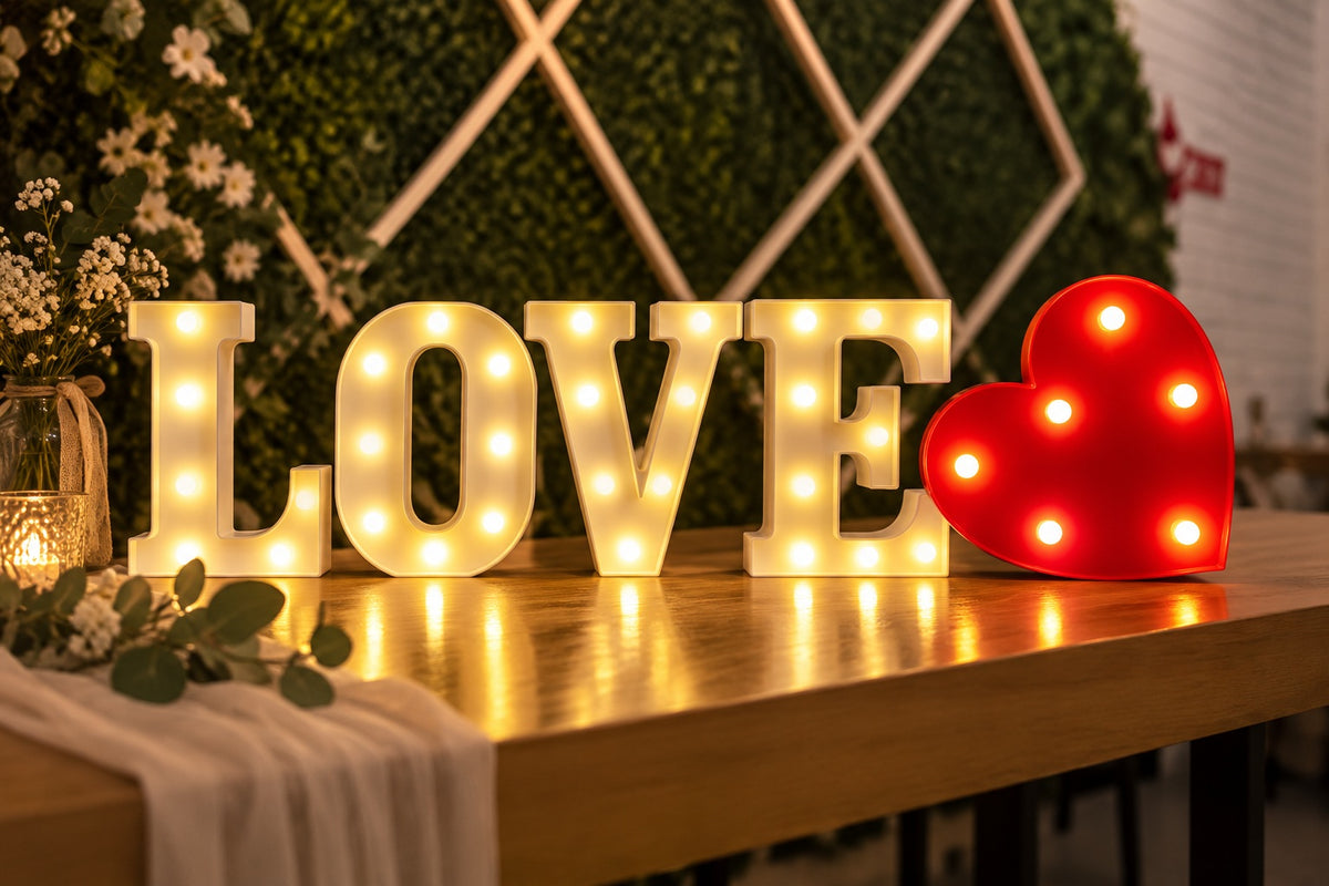 Beleuchtete LOVE Buchstaben mit rotem Leuchtherz als Hochzeitsdeko zum Mieten