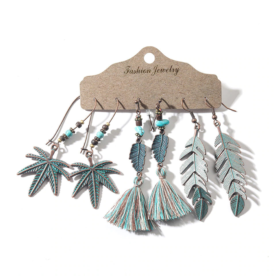 3-teiliges Ohrring Set für Damen mit Blattmotiven in Braun und Türkis im Boho Vintage Stil