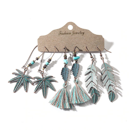 3-teiliges Ohrring Set für Damen mit Blattmotiven in Braun und Türkis im Boho Vintage Stil