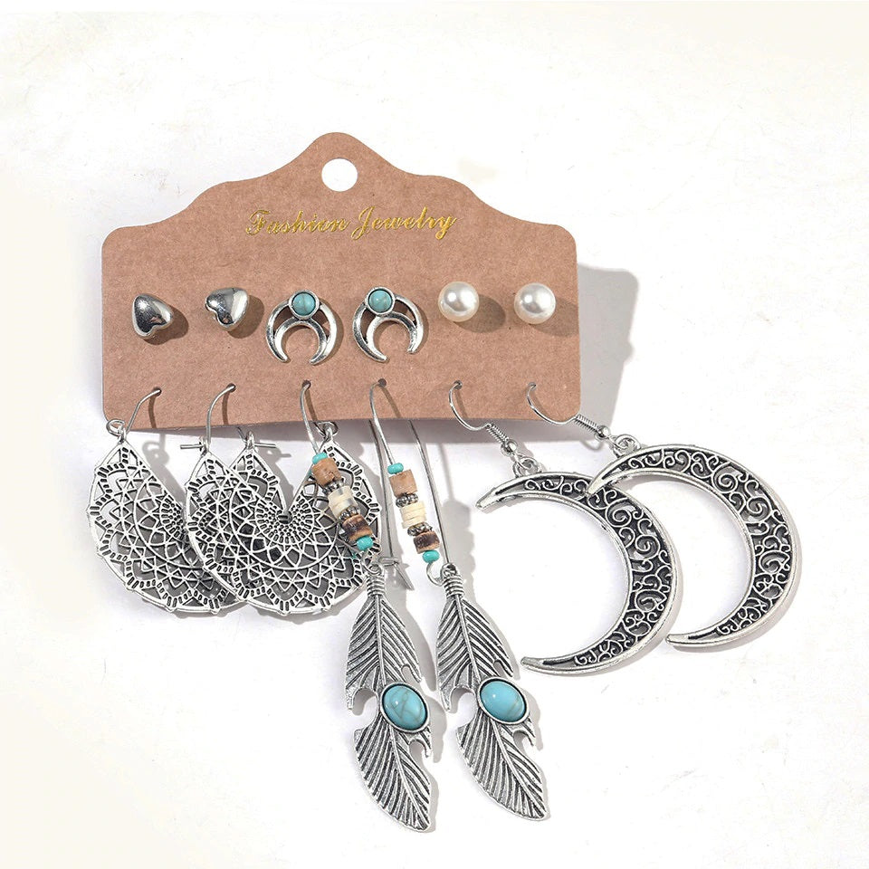 6-teiliges Ohrring Set für Damen im Vintage Boho Stil mit Feder Halbmond Herz und türkisen Details