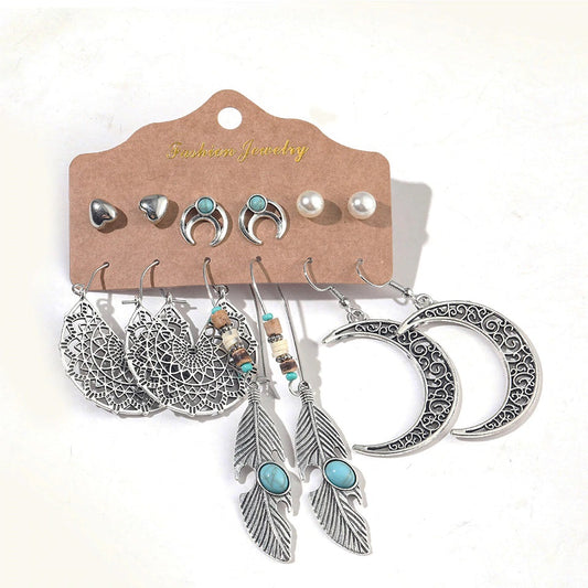 6-teiliges Ohrring Set für Damen im Vintage Boho Stil mit Feder Halbmond Herz und türkisen Details