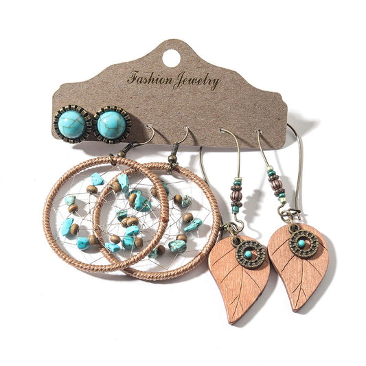 3-teiliges Ohrring Set für Damen im Vintage Stil mit türkisen Ohrsteckern Blattmotiven und Perlendetails