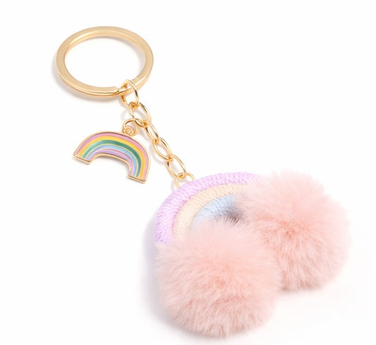 Regenbogen Schlüsselanhänger in Pastell mit PomPoms und goldfarbenem Ring