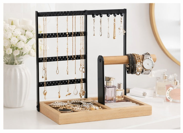 Schmuckständer Organizer Schwarz mit Halter für Ketten, Ohrringe und Armbänder