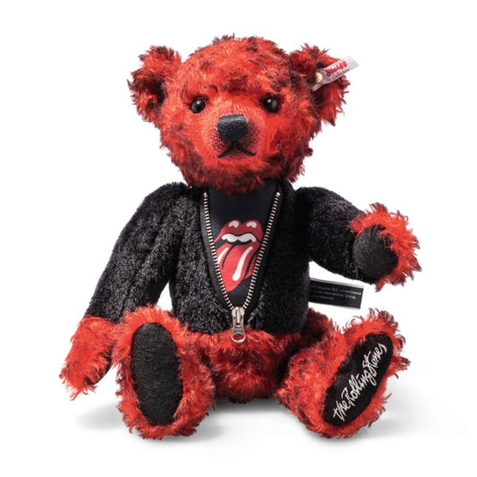 Steiff Rocks Rolling Stones Teddybär aus Mohair mit schwarzer Jacke auf weißem Hintergrund