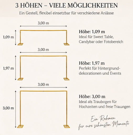 Goldener Traubogen mit 3 m Breite und drei möglichen Aufbauhöhen