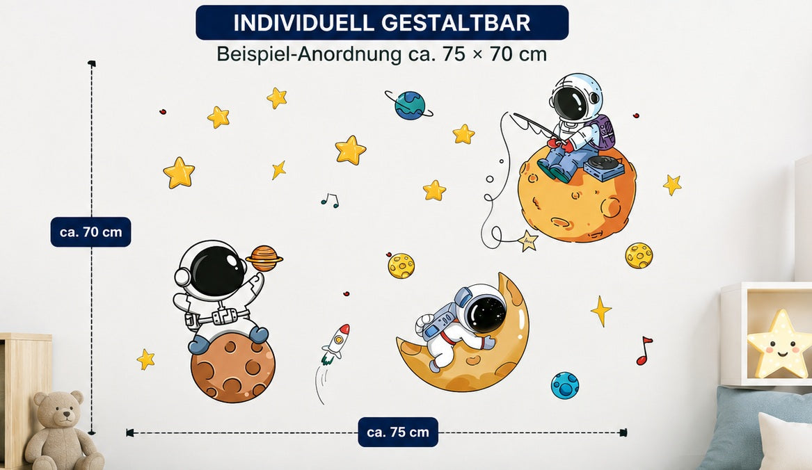Weltraum Wandtattoo fürs Kinderzimmer mit Astronauten und Planeten – Beispiel-Anordnung ca. 75 × 70 cm