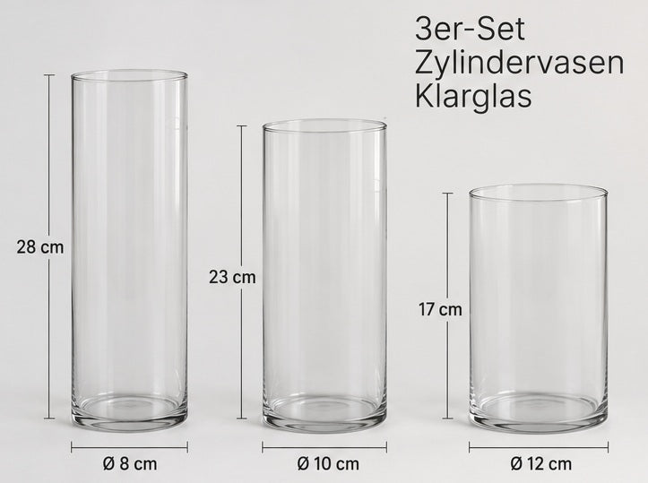 Zylindervasen 3er-Set aus Glas in 17 cm, 23 cm und 28 cm Höhe